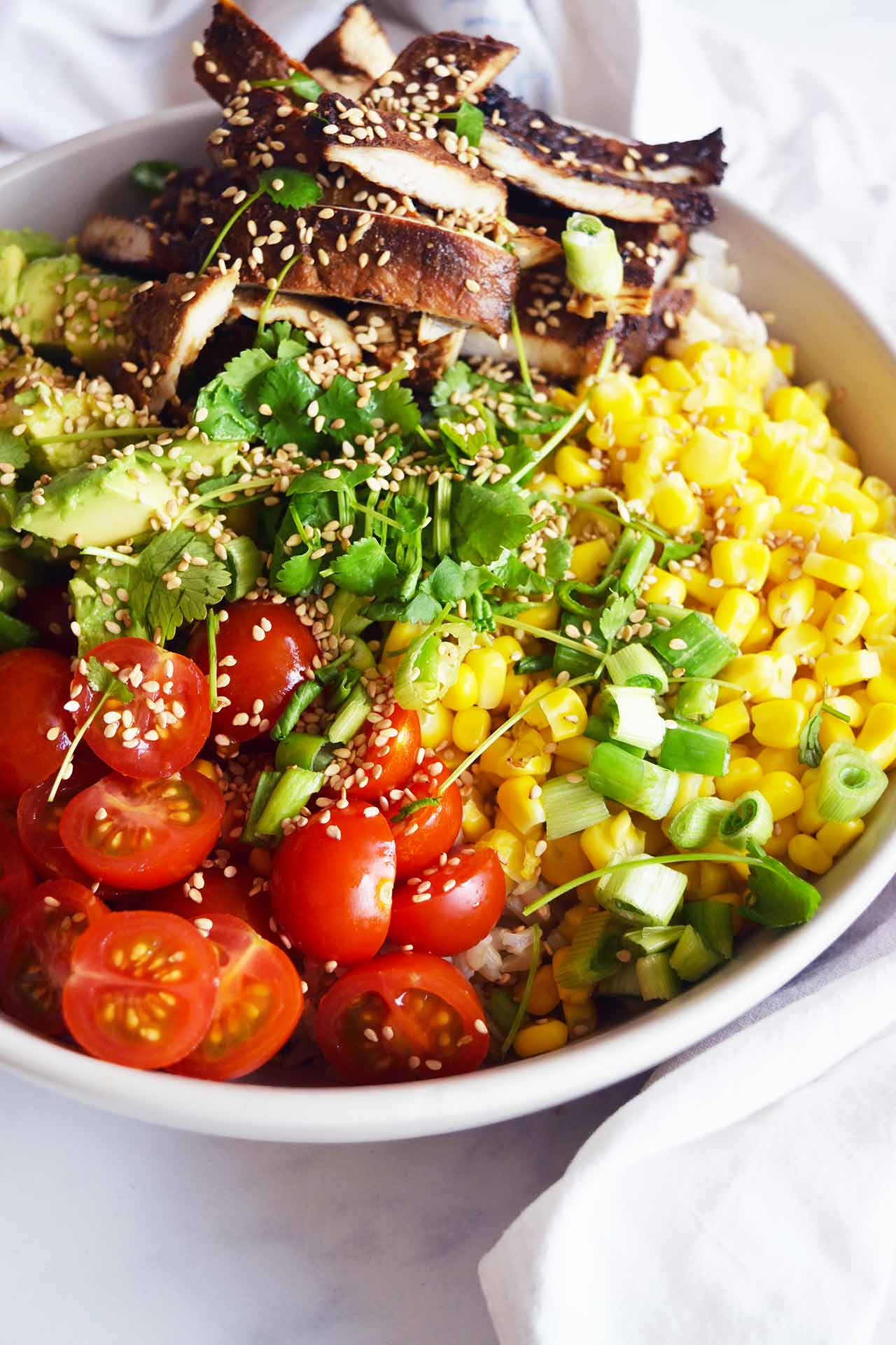 Front view of a Chicken Poke Bowl.