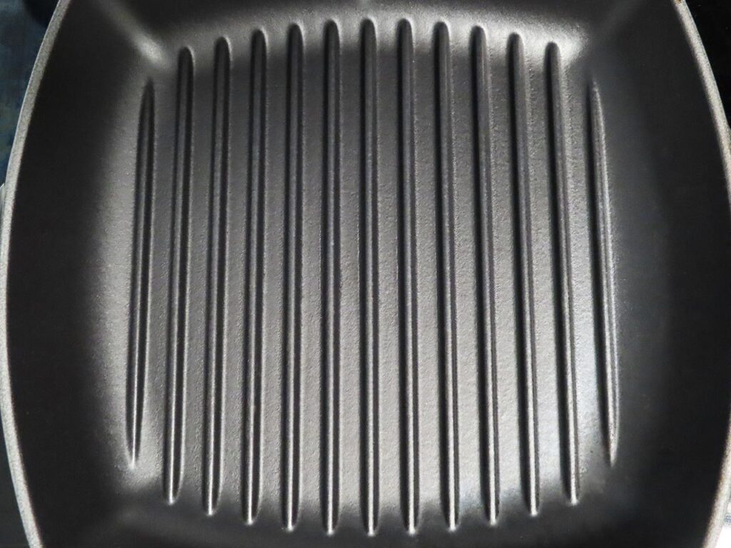 Overhead closeup of a grill pan.