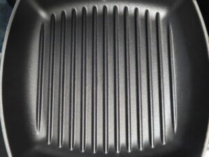 Overhead closeup of a grill pan.
