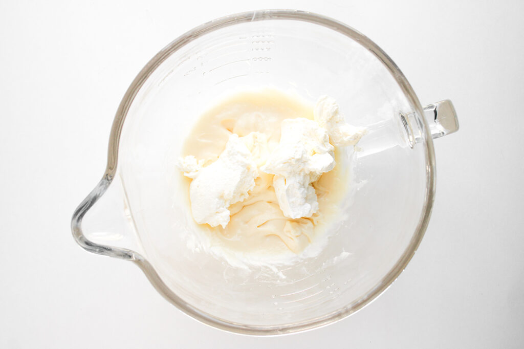 Blended whipped cream added to blended cream cheese filling.