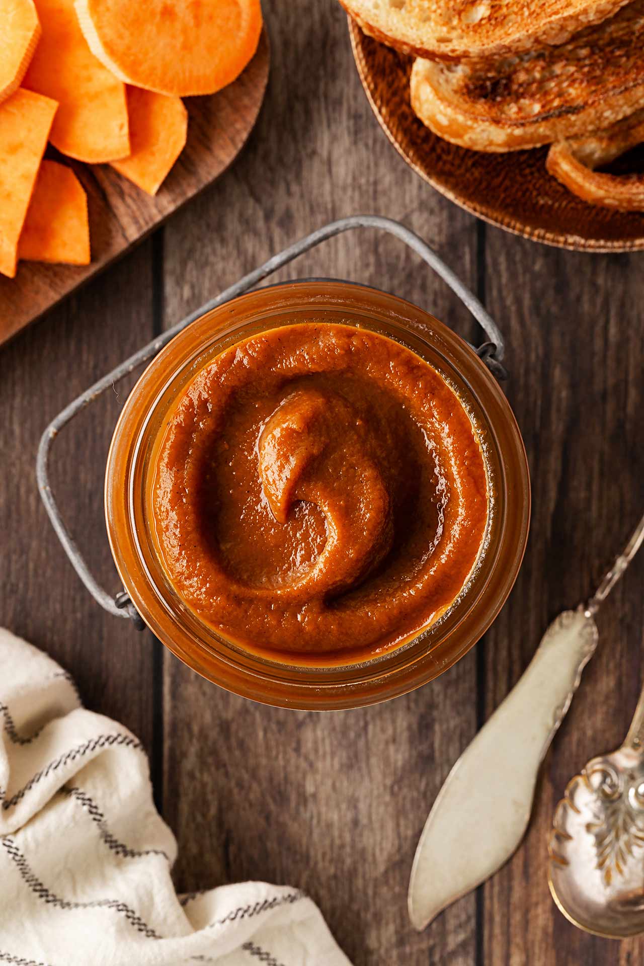 Overhead view of an open jar of Sweet Potato Butter.