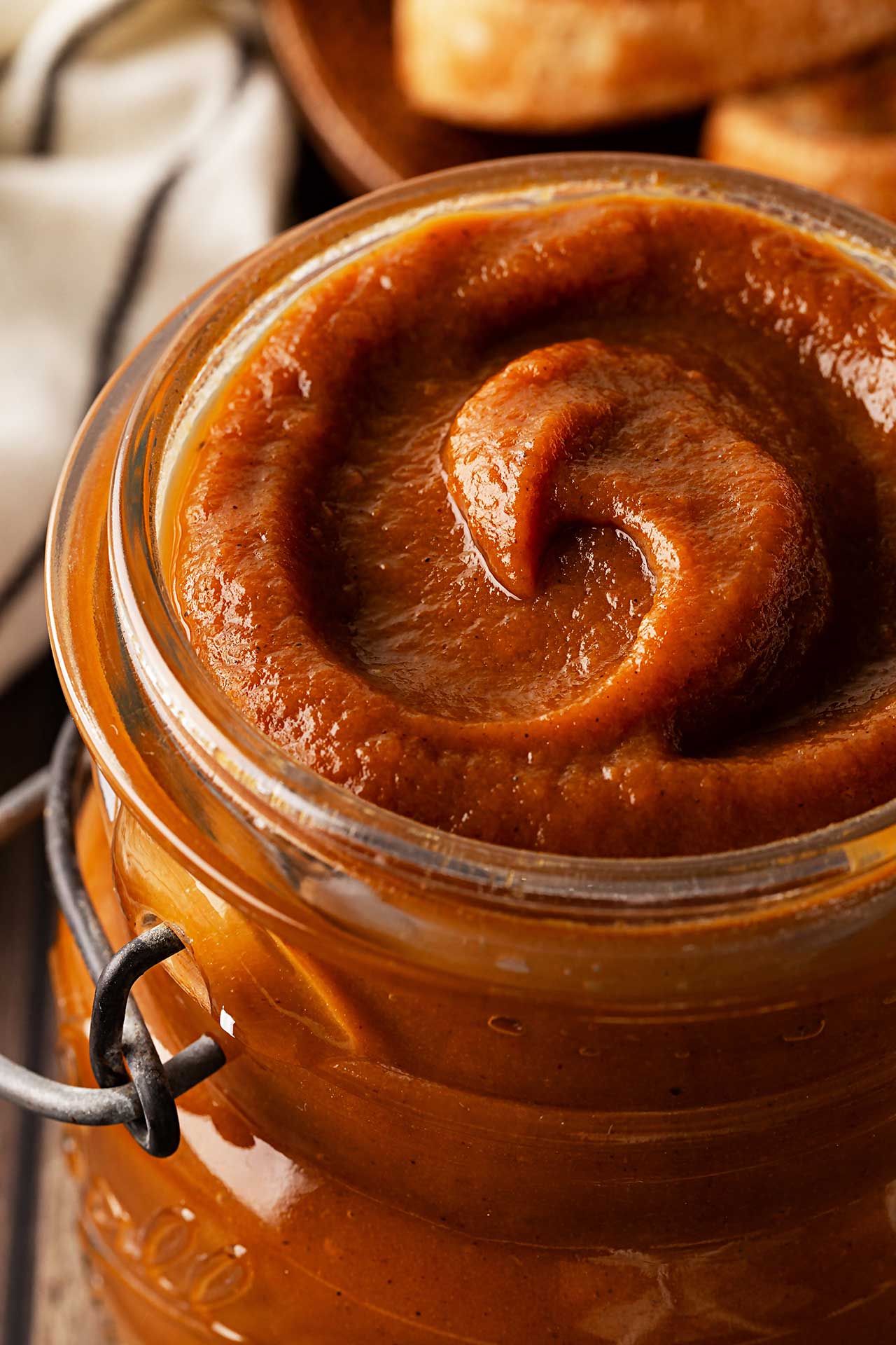 Closeup front view of an open jar of Sweet Potato Butter.