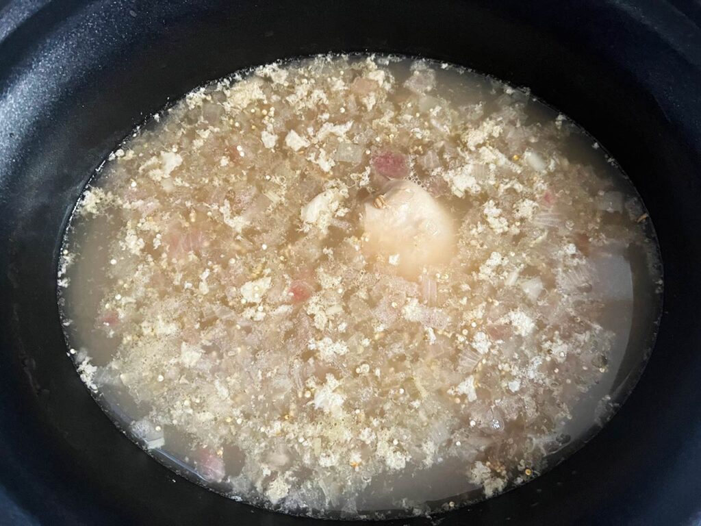Cooked chicken in broth with onions. Overhead focus.