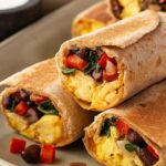 Cut Healthy Breakfast Burritos stacked on a platter.