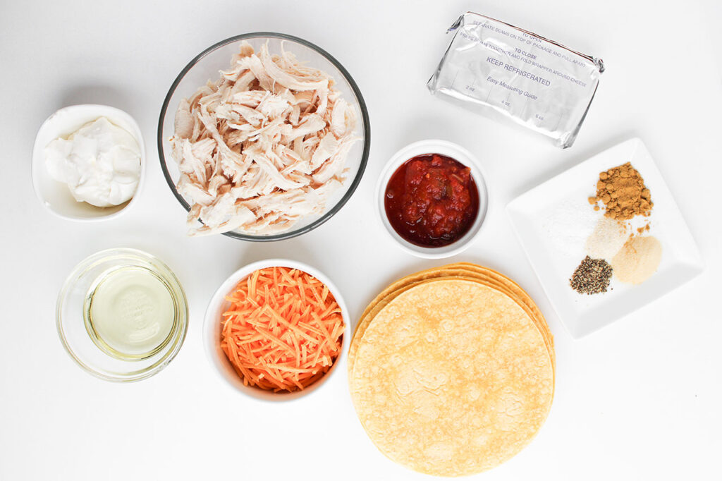 Overhead view of ingredients for Chicken Taquitos.