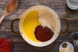 Spices, flour, and oil in a pot.