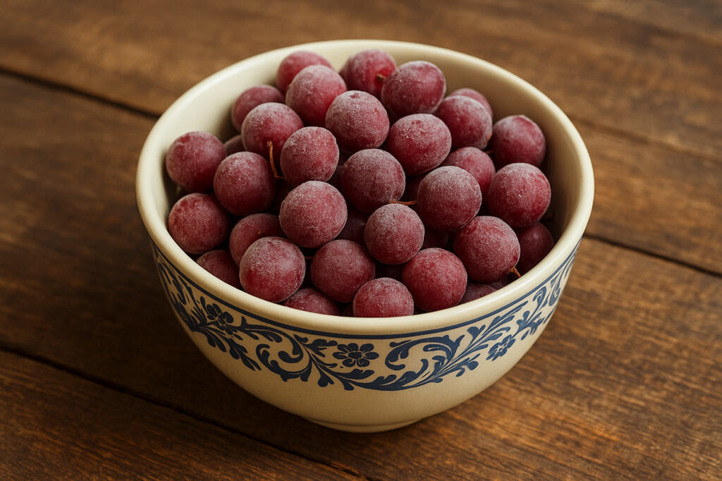 A white bowl filled with frozen grapes.