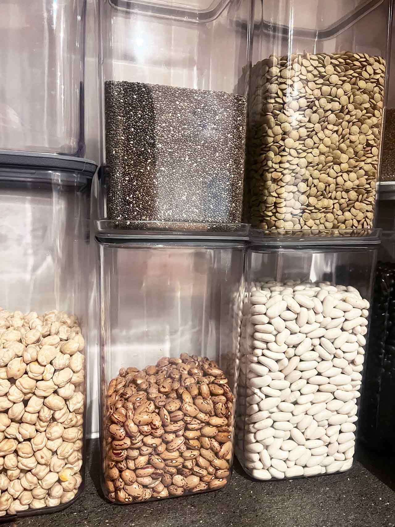 Dried beans and seeds in clean food storage containers.