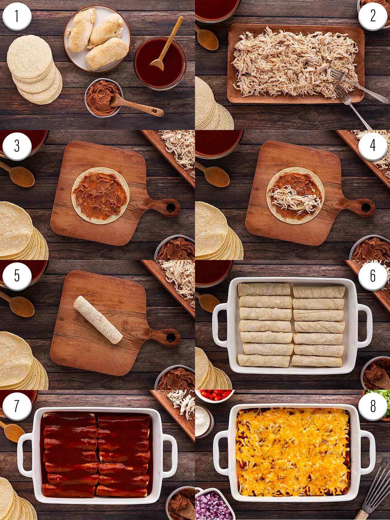 Collage of steps for how to make Chicken Enchiladas.