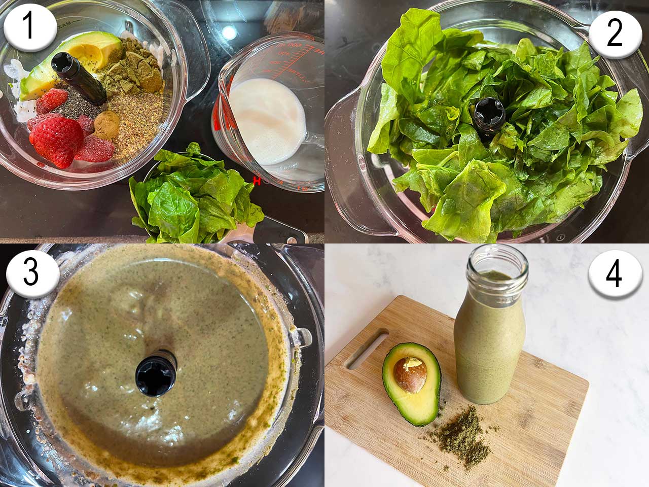 Hemp Protein Smoothie Recipe collage of recipe steps.