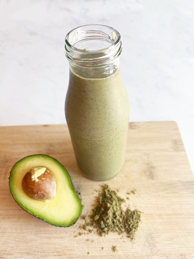 Front view of a Hemp Protein Smoothie in an open jar.