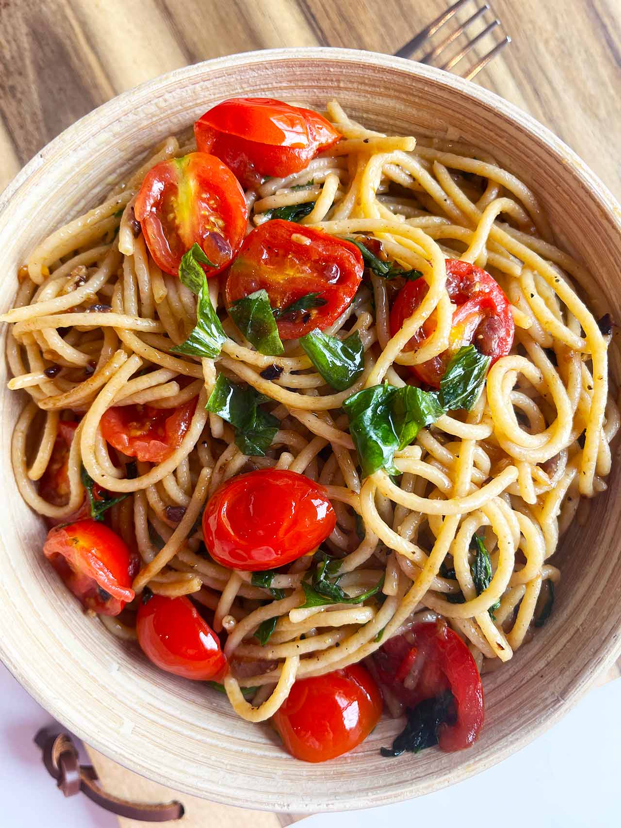 Overhead view of a bowl filled with Easy Italian Tomato Pasta.