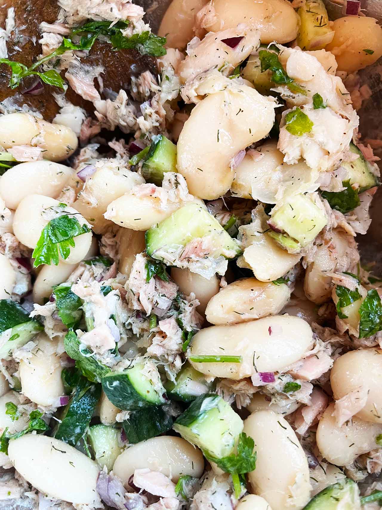 Closeup of a White Bean Salad With Tuna.
