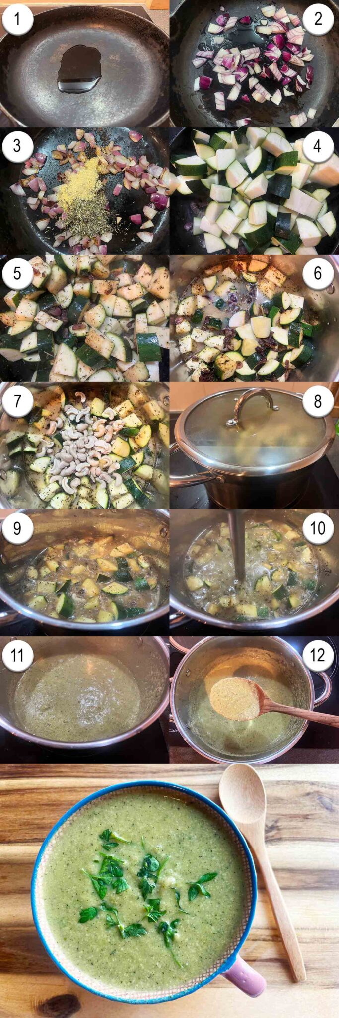 Collage of recipe steps for making Creamy Zucchini Soup.