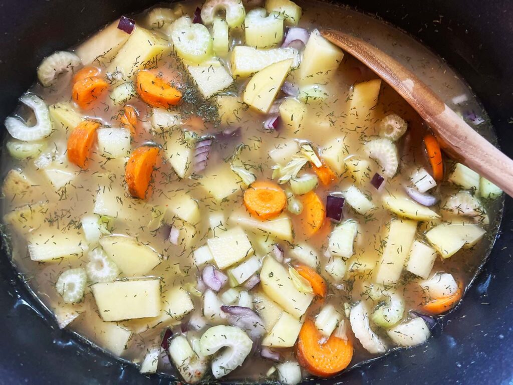 Mixing everything together before cooking.