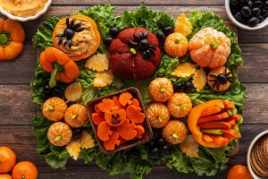 Overhead focus. A pumpkin-themed, Halloween Charcuterie Board.
