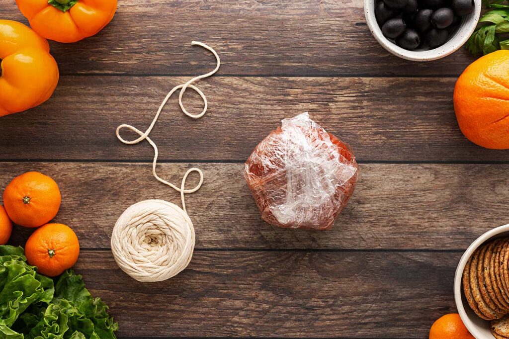 A cheese ball wrapped in plastic wrap. A roll of twine sits next to it. Overhead focus.