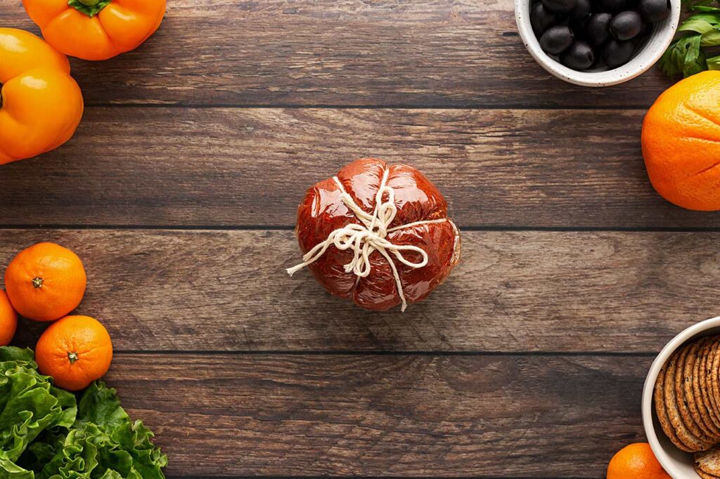 Twine tied around a cheeseball to form it into a pumpkin.