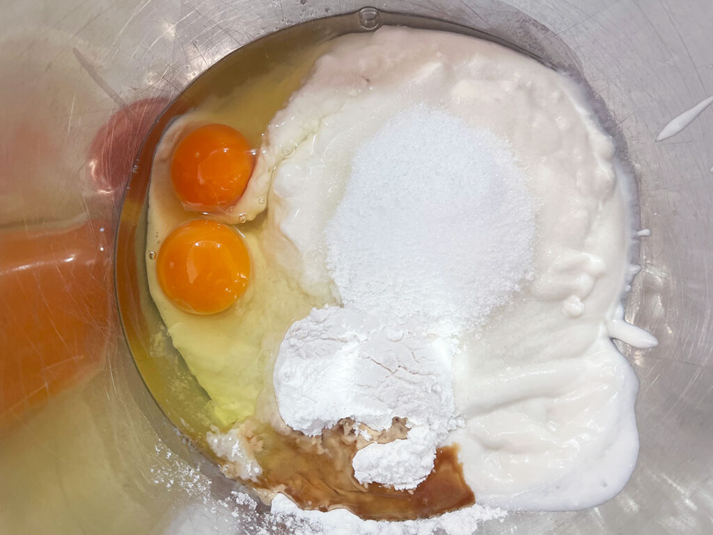 Ingredients for Custard Pie filling in a mixing bowl.