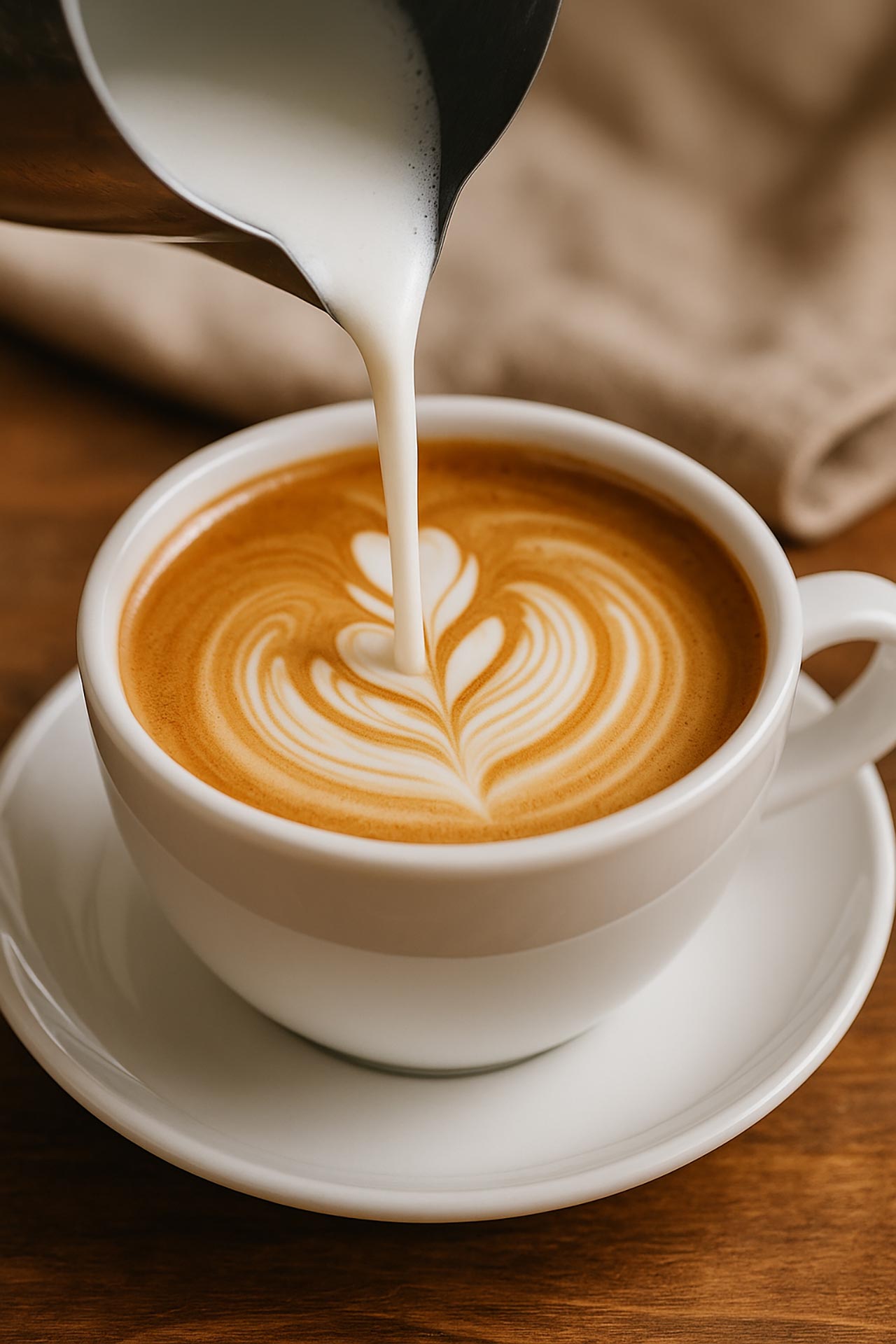 Pouring milk into a latte.