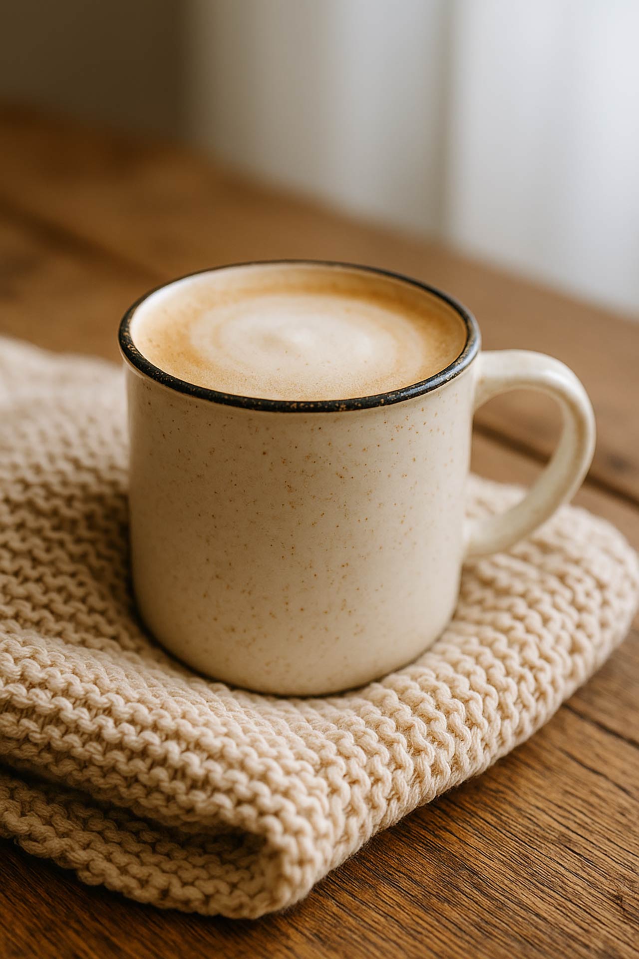 A latte in a white mug, sitting on a folded towel.