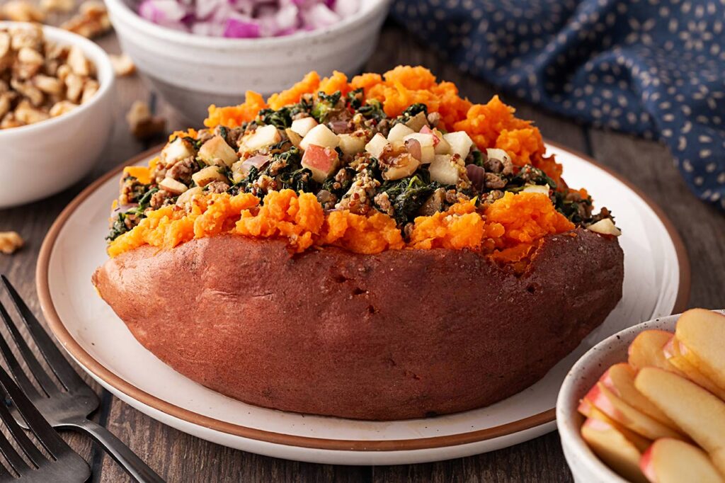 Front view of a stuffed sweet potatoe.