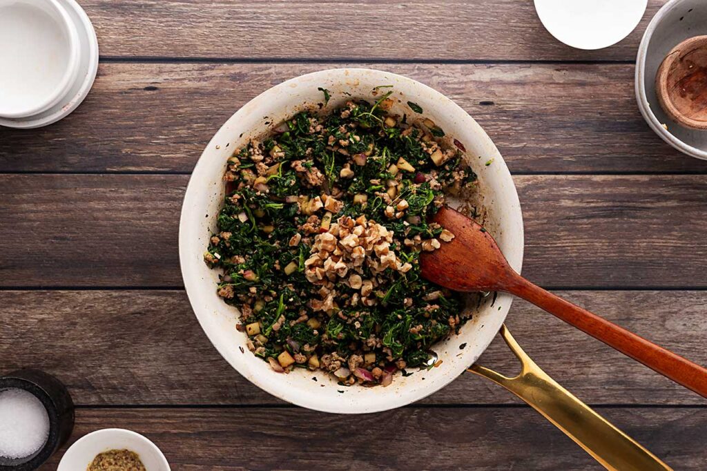 Walnuts added to the ground turkey.
