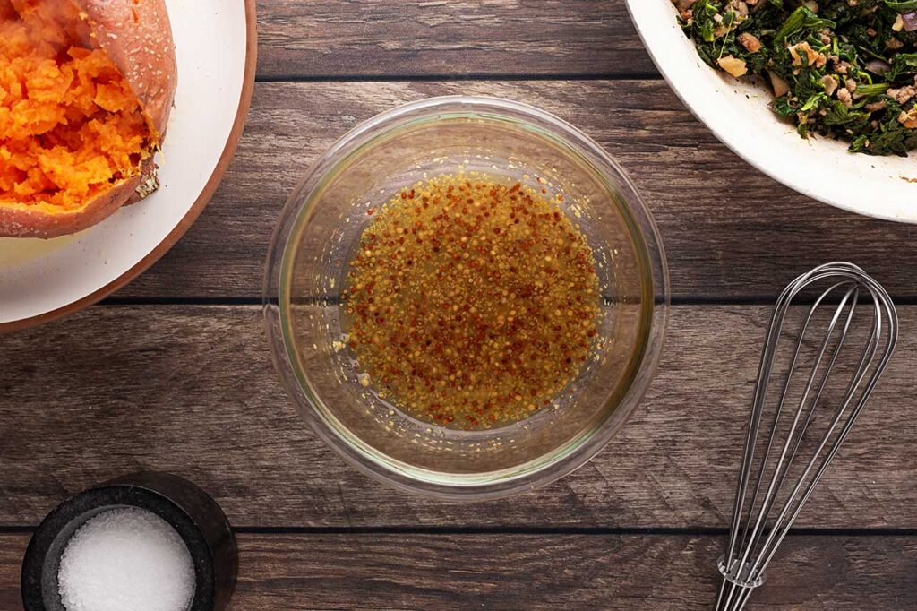 Dressing for Stuffed Sweet Potatoes in a small mixing bowl.