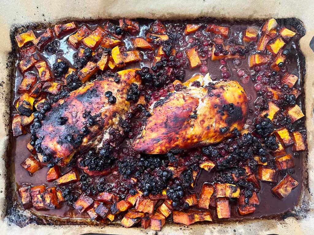 Baked Sheet Pan Cranberry Chicken just out of the oven.