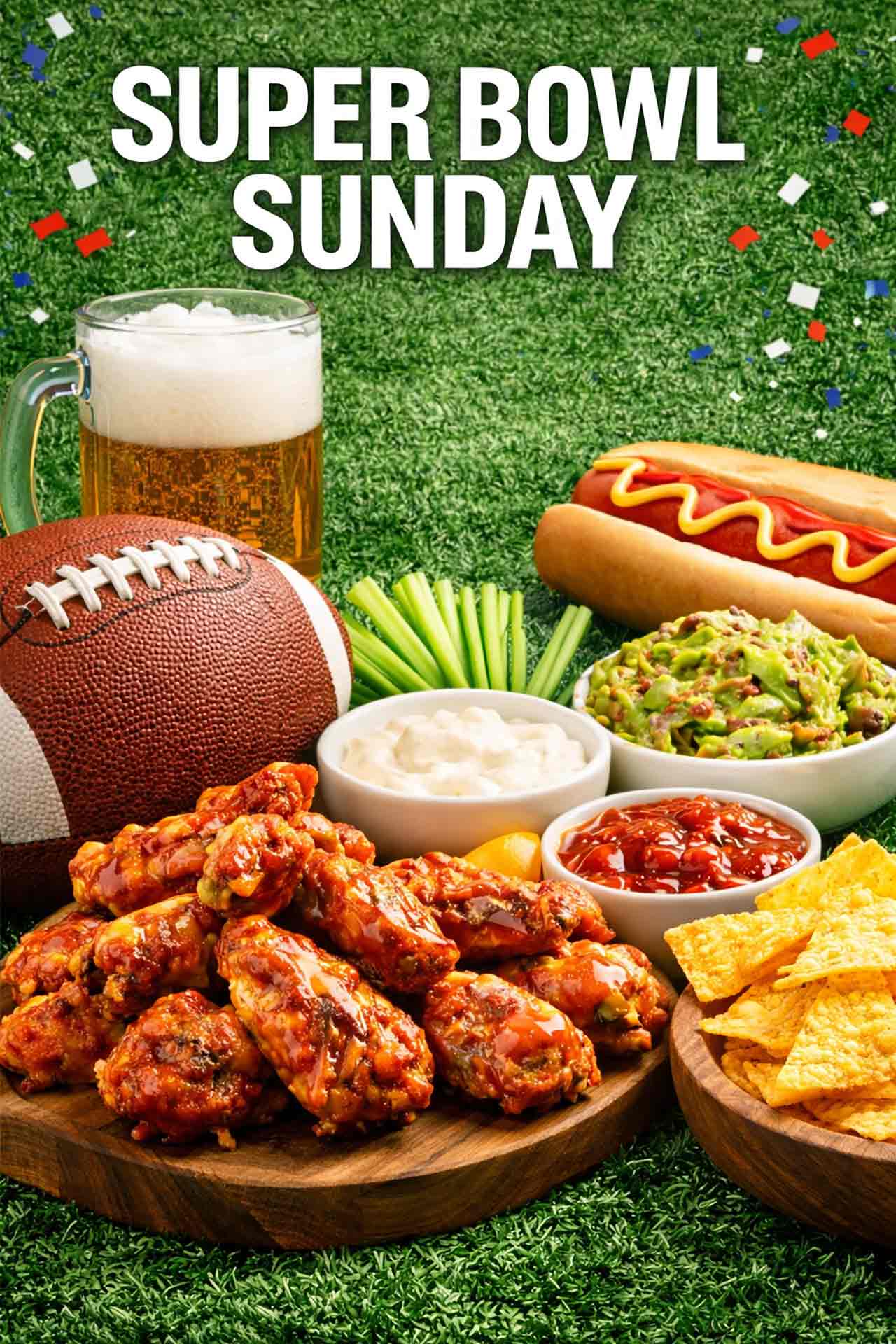 Super bowl food gathered on a green lawn.